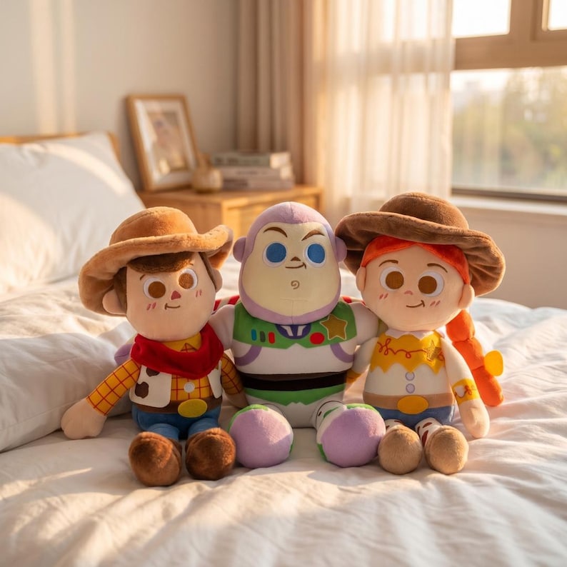 May include: Three plush toys featuring a cowboy with a brown hat and yellow plaid shirt, a space ranger with a purple hood and white suit, and a cowgirl with a brown hat and red hair, all sitting together on a white fabric surface.