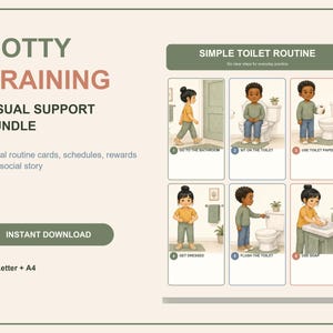 Peut inclure: Un ensemble de supports visuels pour l'apprentissage de la propreté avec un tableau de routine en six étapes. L'image montre des illustrations d'enfants allant aux toilettes, s'asseyant, utilisant du papier, s'habillant, tirant la chasse et se lavant.