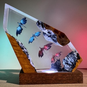 Flying Dragon Resin Lamp – Handmade LED Fantasy Light with Castle Scene | Custom Mythical Gift, Glowing Night Light for Dad