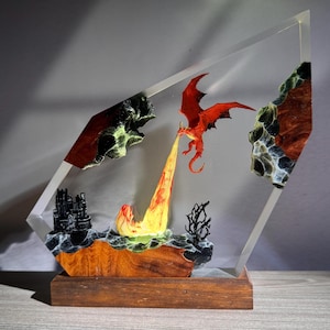 Fire Dragon Resin Lamp – Handmade Fantasy Battle Light | LED Epoxy Art for Gamer Room, Unique Castle Decor, Gift for Dad or Him