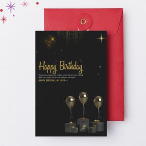 Impresionante tarjeta de felicitación de cumpleaños en negro y dorado (editable)