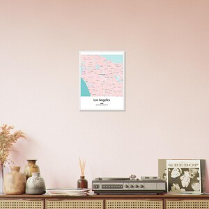 Poster de la carte de Los Angeles - encadré rose et bleu (coordonnées de la ville) - parfait cadeau d'art mural