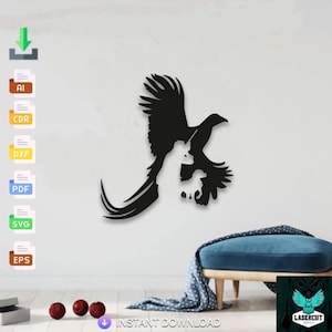 May include: A black laser-cut eagle wall art piece. The eagle is depicted in mid-flight, with outstretched wings and detailed feathers. The artwork is mounted on a white wall, creating a striking contrast. The words "INSTANT DOWNLOAD" are visible.