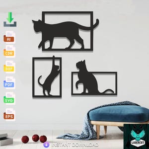 3 Pcs Cat Design Svg laser cut dxf file wall sticker engraving decal silhouette template cut laser digital vector instant download