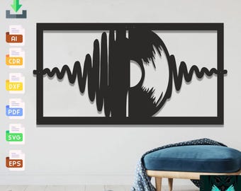 May include: Black and white digital art print of a vinyl record with sound waves. The print is framed in a black rectangle. The print is hanging on a white wall. The print is in a room with a blue ottoman and a white wall.