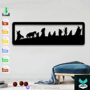 May include: Black metal wall art depicting a silhouette of a group of figures and animals. The artwork is rectangular with a black frame. The image includes the text "INSTANT DOWNLOAD" and file type icons.