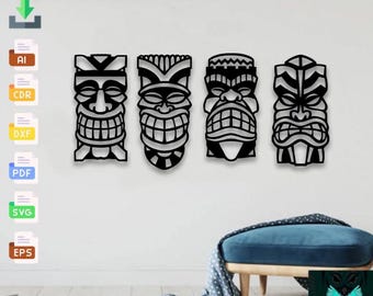 Design de máscara Tiki: arquivos cortados a laser SVG DXF (download digital)
