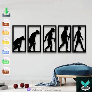 Könnte beinhalten: Schwarze Silhouette-Wandkunst, die die menschliche Evolution darstellt, gerahmt in schwarzen Rechtecken. Das Kunstwerk zeigt eine Entwicklung von affenähnlicher zu menschlicher Form. Der Text "INSTANT DOWNLOAD" befindet sich unten. Das Gesamtthema ist Evolution und Menschheitsgeschichte.