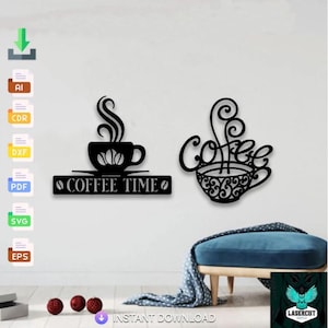 Coffee time svg files, laser cut svg dxf files wall sticker engraving decal silhouette cnc cutting laser digital vector instant download