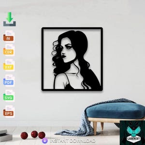 May include: Black laser-cut wall art of a woman's profile with long, flowing hair, set within a square black frame. The artwork is mounted on a white wall. The words "INSTANT DOWNLOAD" are visible at the bottom.