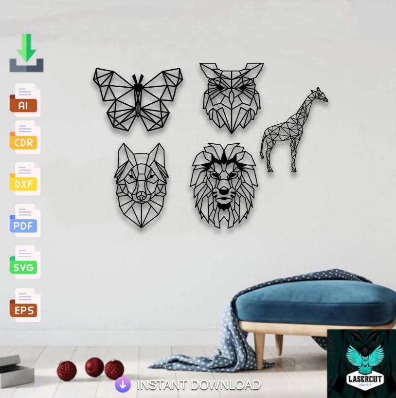 Geometric Safari Animals SVG: Laser Cut Wall Art Template (digital
