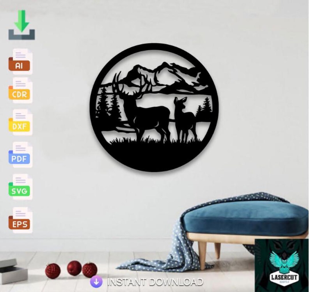 Deer Mountain Scene Laser Cut Files: SVG DXF Vector Template (digital ...