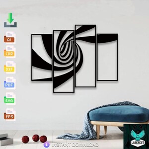 May include: A black and white wall art piece featuring a swirling, tunnel-like design. The artwork is composed of four rectangular panels, creating a modern and abstract aesthetic. The words "INSTANT DOWNLOAD" are visible.