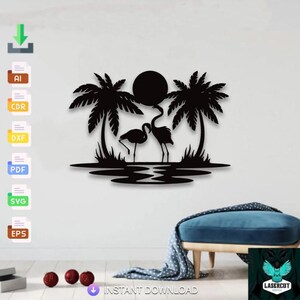 Sunset Flamingos Design laser cut svg dxf files wall sticker engraving decal silhouette template cnc laser digital vector instant download