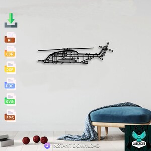 May include: Black metal helicopter wall art. The artwork is a detailed outline of a helicopter, including the rotor blades and tail. The image is mounted on a white wall. The words "INSTANT DOWNLOAD" are at the bottom.