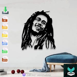 May include: Black metal wall art depicting a smiling face with long dreadlocks. The artwork is a silhouette, mounted on a white wall. The image includes file type icons and the words "INSTANT DOWNLOAD".