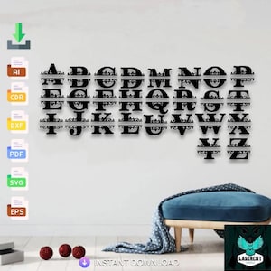 May include: Black laser-cut alphabet letters, each with a decorative flourish, are mounted on a white wall. The letters are split horizontally. The image includes the text "INSTANT DOWNLOAD" and various file type icons.