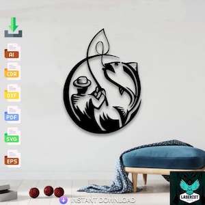 May include: Black metal wall art depicting a fisherman reeling in a fish. The design features a circular frame with a fisherman in a hat and a fish jumping out of the water. The words "INSTANT DOWNLOAD" are at the bottom.
