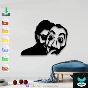 May include: Black wall art featuring a silhouette of a person partially obscured by a mask. The mask has exaggerated features, including large eyes and a mustache. The artwork is a laser-cut design, with the words "INSTANT DOWNLOAD" at the bottom.