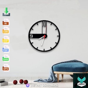 Puede incluir: Un reloj de pared negro cortado con láser con números romanos en la parte superior y el número 9. Las manecillas del reloj son blancas con un centro rojo. El reloj está montado en una pared blanca. Las palabras "DESCARGA INSTANTÁNEA" están en la parte inferior.