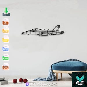 May include: A black metal wall art piece depicting a detailed outline of a fighter jet. The artwork is mounted on a white wall. The words "INSTANT DOWNLOAD" are visible at the bottom of the image.