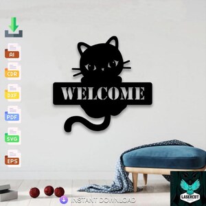 Cat Welcome Design laser cut svg dxf files wall sticker engraving decal silhouette template cnc cut laser digital vector instant download