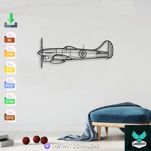May include: A black metal wall art piece shaped like a vintage fighter airplane in profile. The design features a propeller, a cockpit, and a circular insignia on the fuselage. The artwork is presented as a digital file download with icons for AI, CDR, DXF, PDF, SVG, and EPS formats visible on the left side of the screen.