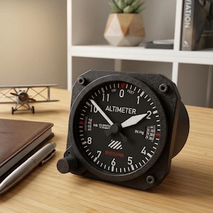May include: A black altimeter clock with white markings and hands, displaying the word "ALTIMETER". The clock face shows numbers and measurements in feet and inches of mercury. A small model airplane and a notebook are visible in the background.