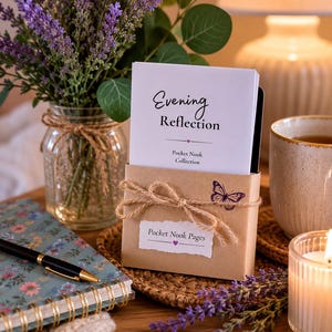May include: A small brown paper sleeve containing white cards labeled Evening Reflection Pocket Nook Collection and Pocket Nook Pages, tied with twine and featuring a purple butterfly stamp. The sleeve is positioned near a floral notebook and pen.