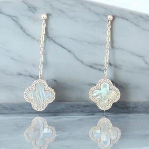 Clover mother of pearl & Cubic zirconia silver 925 drop earring studs