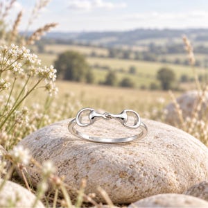Pode incluir: Um anel de prata polida com um design de bridão de cavalo no topo. A banda é lisa e fina, com a marca 925 claramente gravada na superfície interna do metal, indicando uma composição de prata esterlina para esta peça de joalharia.