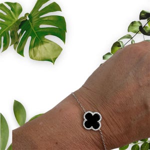 Clover leaf Black or Red onyx bracelet solid silver 925 with cubic zirconia