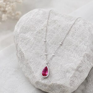 Silver 925 Ruby Pear-Shaped Cluster Pendant on Solitaire Necklace