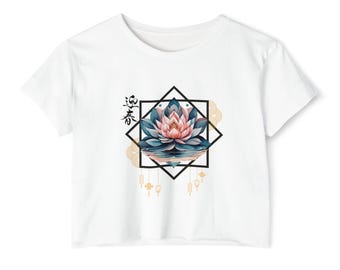 Boho Lotus Crop Top - Festival Summer Shirt - Floral Sacred Geometry Tee - Bohemian Style Top for Women