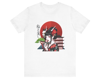 Vintage Japanese Geisha T-Shirt, Unisex Graphic Tee, Red Sun Rising Japan Shirt, Asian Art Streetwear, Aesthetic Gift for Him Her