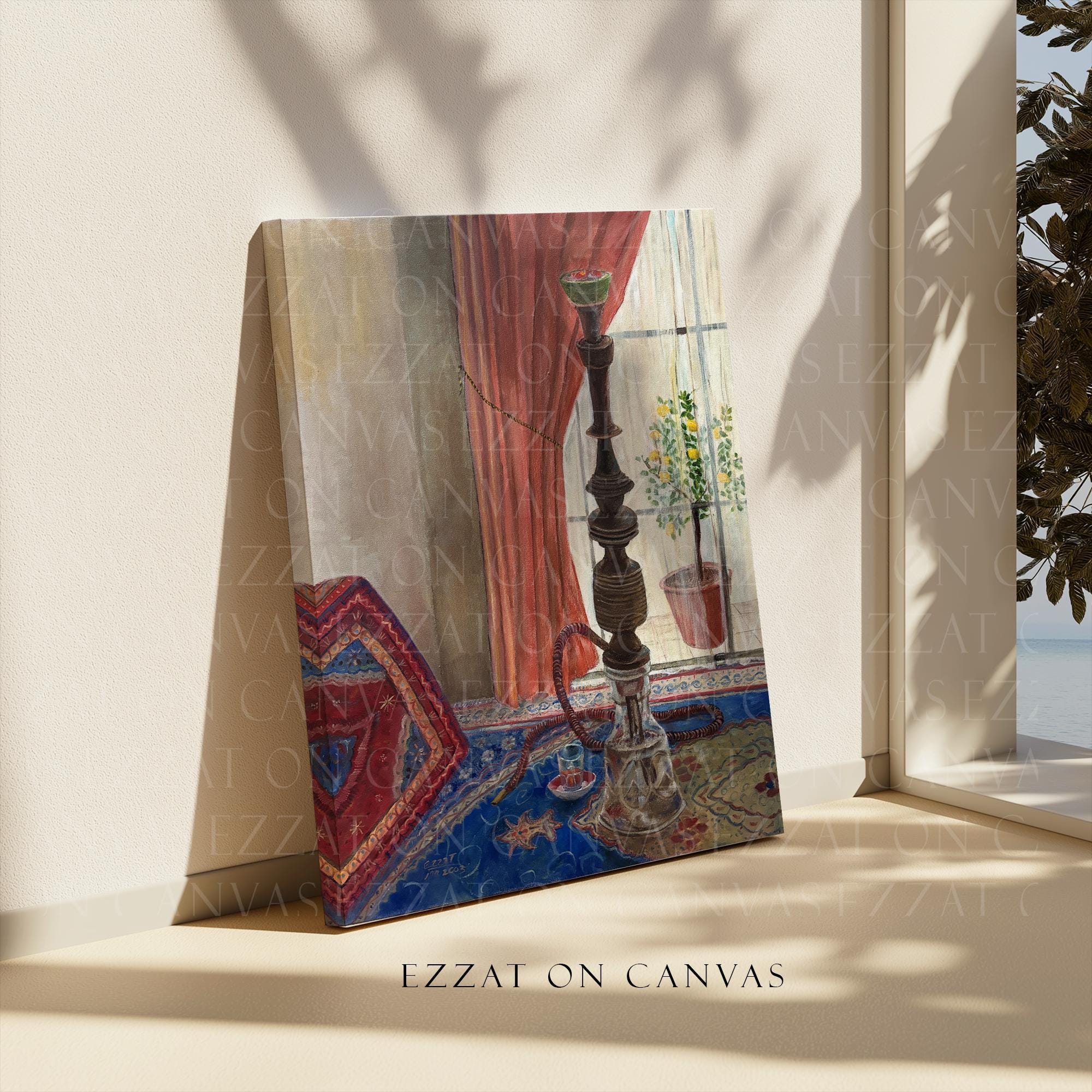 Traditional Hookah Canvas Wall Art, Hookah with Persian Rugs Painting, Arabian Middle Eastern Culture Home Decor, Bohemian Art