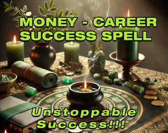 May include: An image of a spiritual setup with candles, a journal, and crystals. The text reads "MONEY - CAREER SUCCESS SPELL" and "Unstoppable Success!!!". The scene is lit with candles and has a mystical theme.