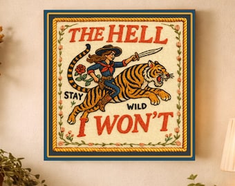 Cowgirl Tiger Canvas Print, Faux Embroidery Western Art, Vintage Outlaw Decor