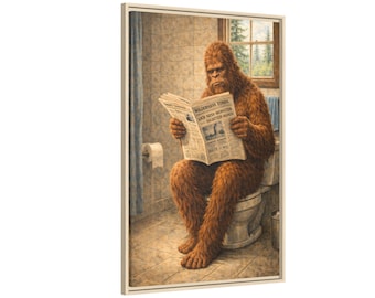 Bigfoot Toilet Reading Framed Canvas Art, Sasquatch Bathroom Humor, Rustic Cabin Decor