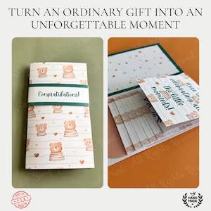 May include: A folded greeting card featuring a pattern of cartoon bears and small hearts, secured by a dark green belly band with the text Congratulations. The interior reveals a layered design with the text Here is to celebrating all the little moments.