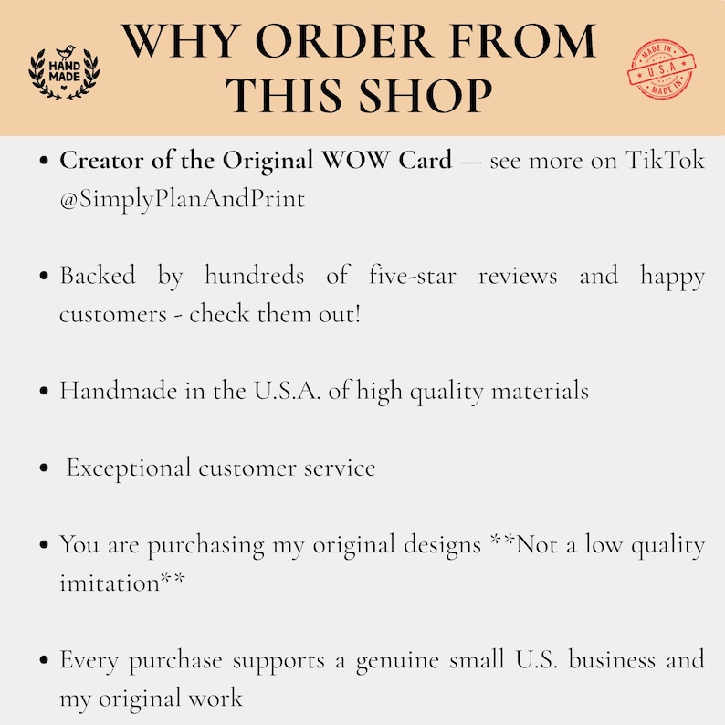 May include: A white informational graphic with the heading WHY ORDER FROM THIS SHOP. It features a hand-made icon, a U.S.A. badge, and six bullet points detailing shop credentials, including the original WOW Card, TikTok handle, and U.S. production.