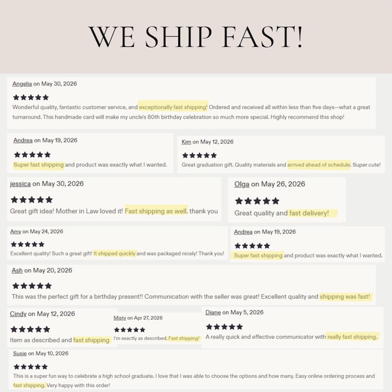 May include: A digital graphic featuring the text WE SHIP FAST! at the top, followed by a collection of twelve customer reviews. Each review includes a name, a date, a five-star rating, and text highlighting quality and shipping speed.