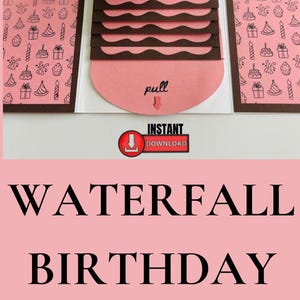 May include: Pink waterfall birthday card template with gift card messages. Includes a cascade birthday gift card holder design. The image shows examples of gift cards for Chick-fil-A, Starbucks, Cheesecake Factory, and AMC.