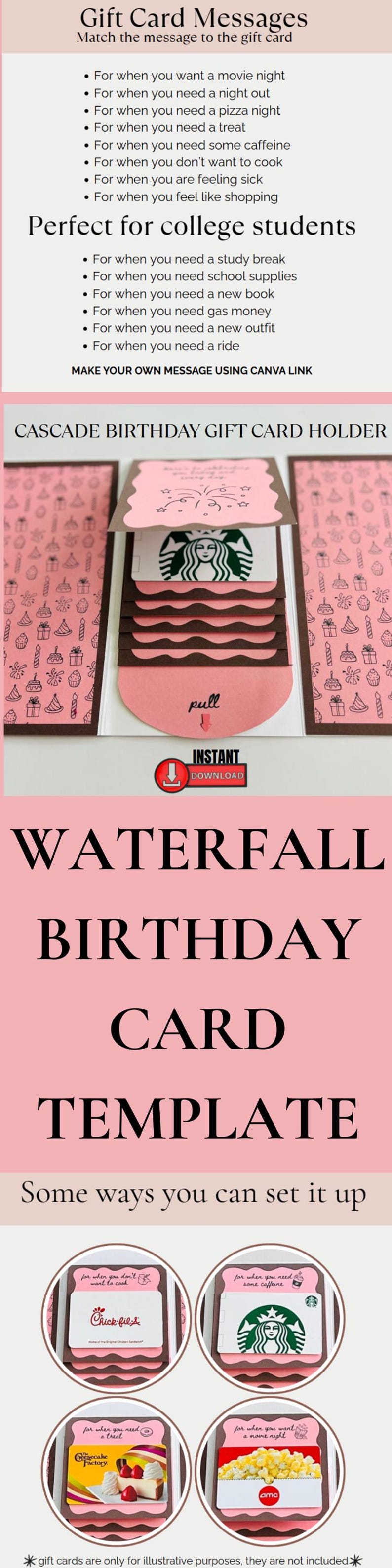 May include: Pink waterfall birthday card template with gift card messages. Includes a cascade birthday gift card holder design. The image shows examples of gift cards for Chick-fil-A, Starbucks, Cheesecake Factory, and AMC.