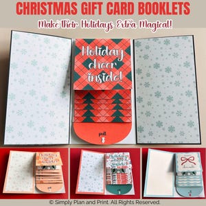 May include: A Christmas gift card booklet featuring a red and green plaid design with the text Holiday cheer inside! and a pull tab. The interior panels display a light blue snowflake pattern. Additional variations show different holiday graphics.