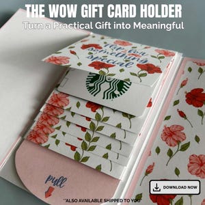 May include: A white paper gift card holder featuring a red hibiscus flower pattern. The holder includes a pull tab and a top flap with the text "flip for something special" and "THE WOW GIFT CARD HOLDER Turn a Practical Gift into Meaningful".