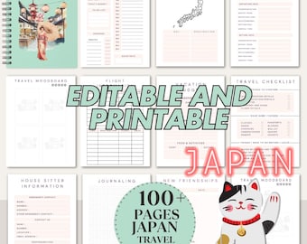 May include: A spiral-bound Japan travel planner with a cover featuring a geisha and Japanese scenery. The planner includes various pages for itineraries, checklists, and journaling. Text on the planner reads "Editable and Printable" and "100+ Pages Japan Travel Planner."
