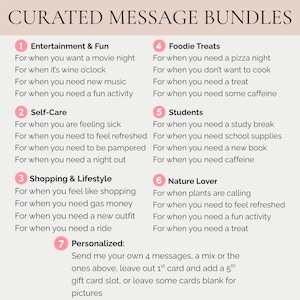 May include: A curated message bundle list with categories like Entertainment & Fun, Self-Care, Shopping & Lifestyle, Foodie Treats, Students, and Nature Lover. Each category includes a list of related needs. The text also includes a personalized option.
