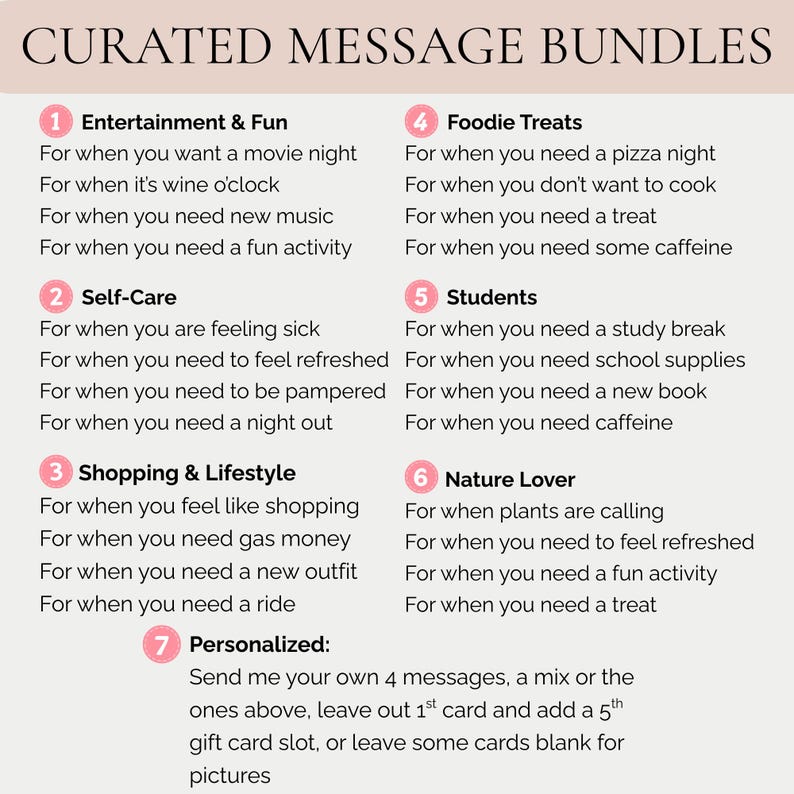 May include: A curated message bundle list with categories like Entertainment & Fun, Self-Care, Shopping & Lifestyle, Foodie Treats, Students, and Nature Lover. Each category includes a list of related needs. The text also includes a personalized option.