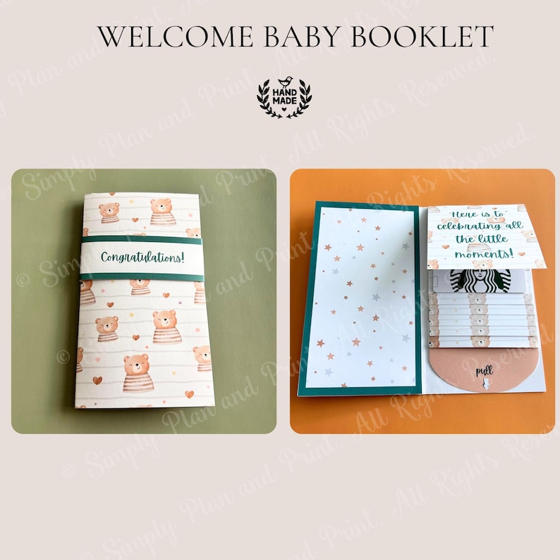 May include: A Welcome Baby booklet featuring a bear pattern with a Congratulations belly band. The interior displays a star pattern, a pull-out card with the text Here is to celebrating all the little moments, and a Starbucks gift card slot.